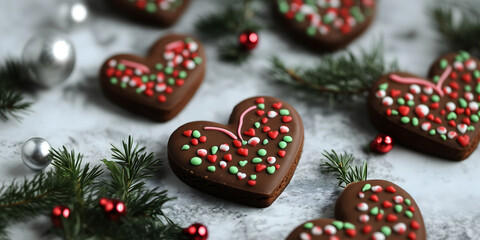 Creative food holiday concept. Chocolate gingerbread heart love cookie with red green icing frost icing with christmas decoration pine fir leaf leaves and glitter balls on concrete table. long banner