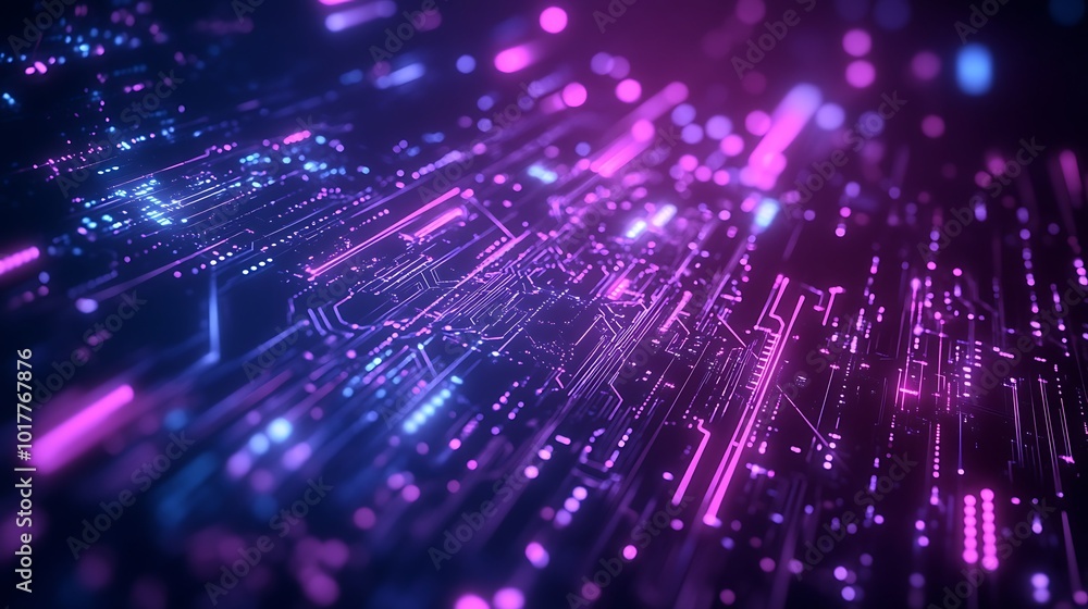 Poster abstract digital circuit board with glowing pink and blue lines and dots.
