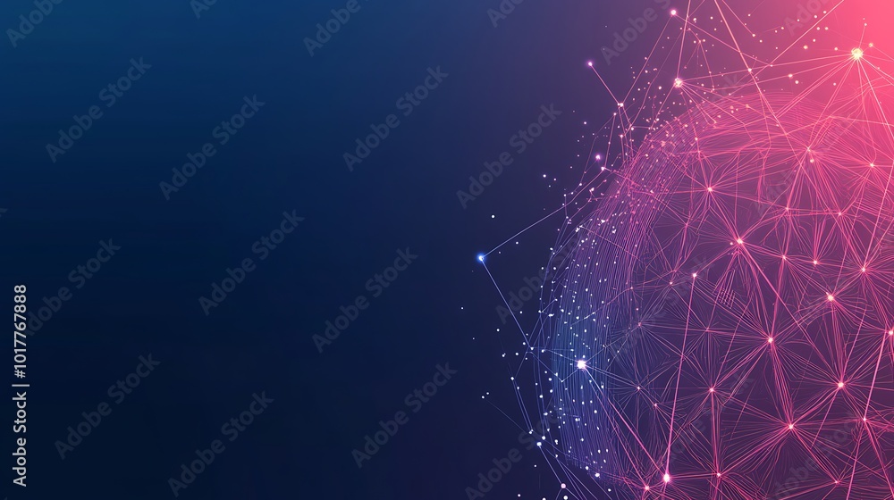 Poster abstract digital network with pink and blue glowing lines and dots on a dark background.