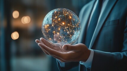 Fototapeta premium Person Holding a Transparent Globe with Light Connections