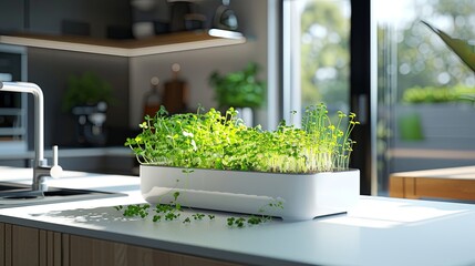 Freshly cultivated microgreens thrive on a kitchen counter, soaking up sunlight to enhance culinary dishes with vibrant flavors. Generative AI