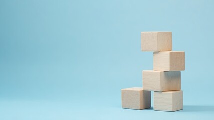 Obraz premium Wooden blocks stacked on a blue background, representing a business growth ladder. The minimalistic setup offers room for copy or branding elements.