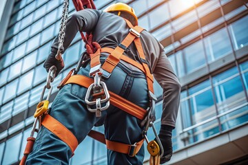 A male construction worker in protective gear, safety belts and with safety belt hooks for working at high altitude. Construction, repair, cleaning, installation.