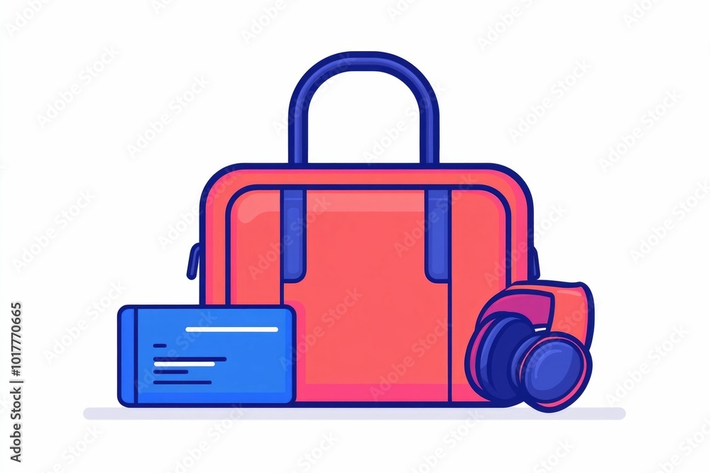 Poster simple and minimalist featuring a carry on bag boarding pass and a pair of headphones representing t