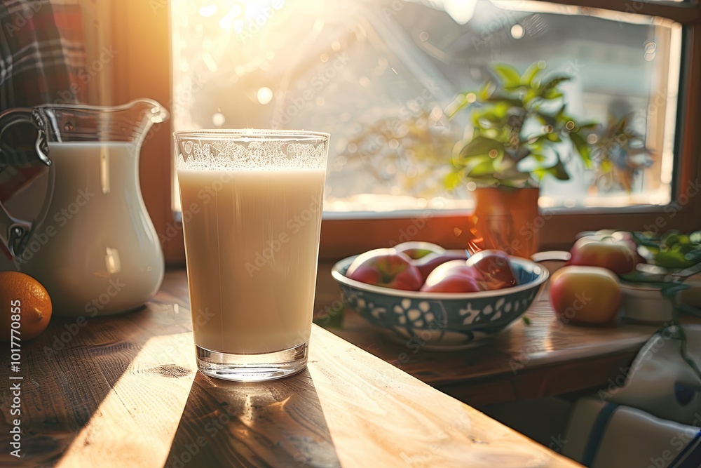 Poster sunlight streams through a window, highlighting a glass of milk on a wooden table next to a bowl of 