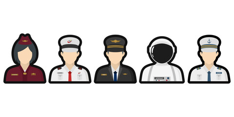 Transportation Profession Figures Flat Vector Icons set of Pilot, Machinist, Astronaut, Skipper, Air Hostess © JackRabbit