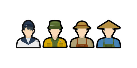 Farmer Figures Flat Vector Icons set of Sailor, Fisherman, Breeder, Farmer