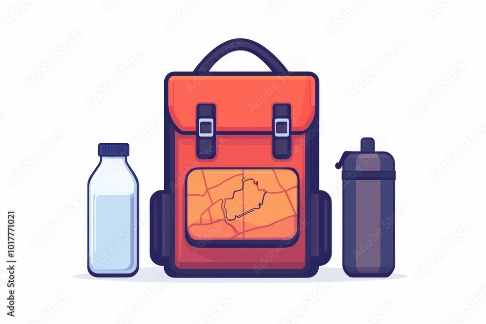 Poster modern of a hiking backpack water bottle and navigation map designed in a clean and minimalist style