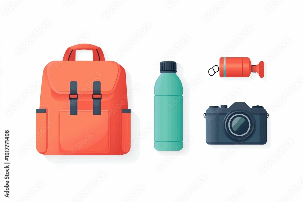 Poster minimalist and simple icon design featuring a backpack and water bottle grouped and centered on a cl