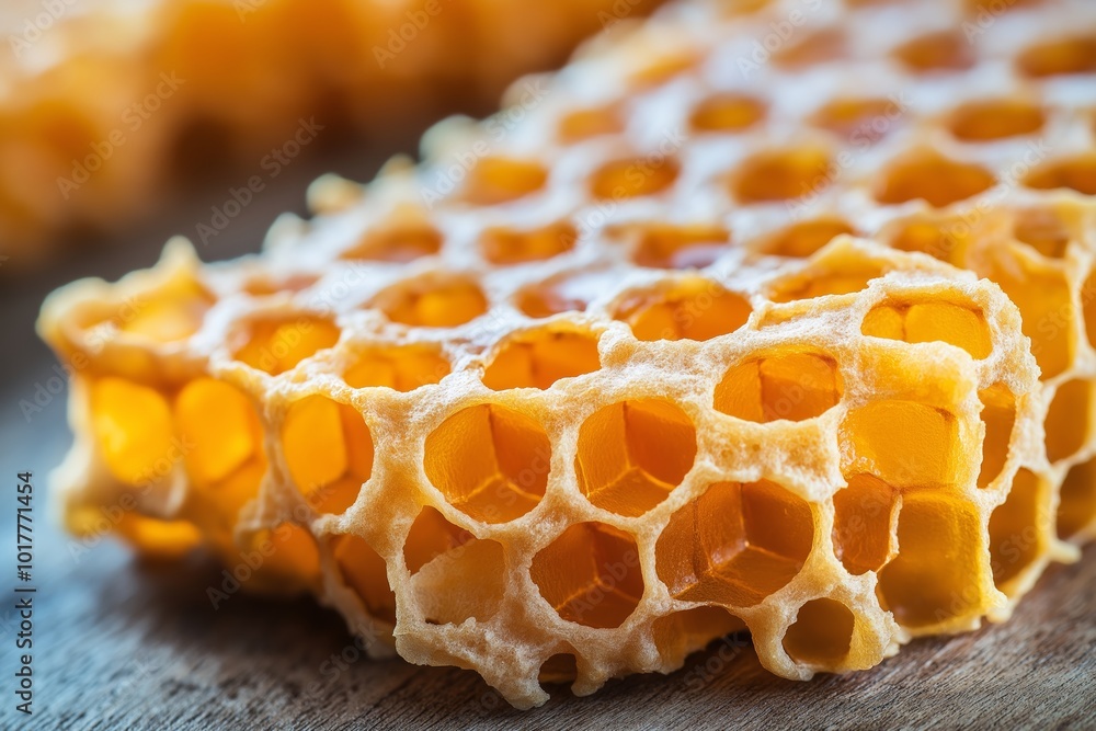Poster honeycomb is shown with a close up of the honeycomb. the honeycomb is made of wax and has a honeycom