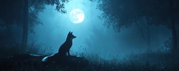 Long shot of a curious fox solving a mystery in a moonlit forest, shadows playing among the trees, suspenseful atmosphere