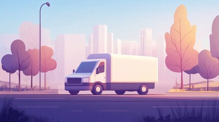 A white truck is driving down a street in a city