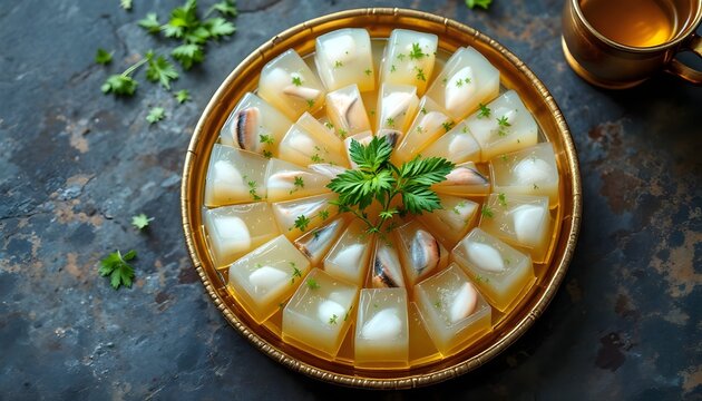 Sanya Khuna Jellied Meat Dish Garnished with Fresh Herbs [Nepalese Cuisine]