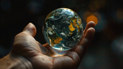 A crystal-clear globe crystal earth in Human hand on dark background. green planet on hand. save of earth. environment concept 