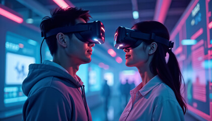 A futuristic scene of people interacting in a virtual world through VR headsets and holographic interfaces