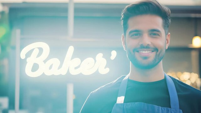  smiling male baker wearing a blue apron stands in front of a neon "Baker" sign, radiating friendliness and confidence in a modern bakery setting.