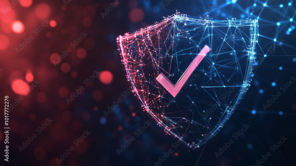Poster a futuristic shield with a checkmark, made of digital lines and points. it represents strong and sec