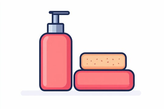 recommend clip art: Minimalist depicting a simple  clean flat design of common bath and shower accessories including a sponge  shampoo bottle  and loofah  all isolated against a white background