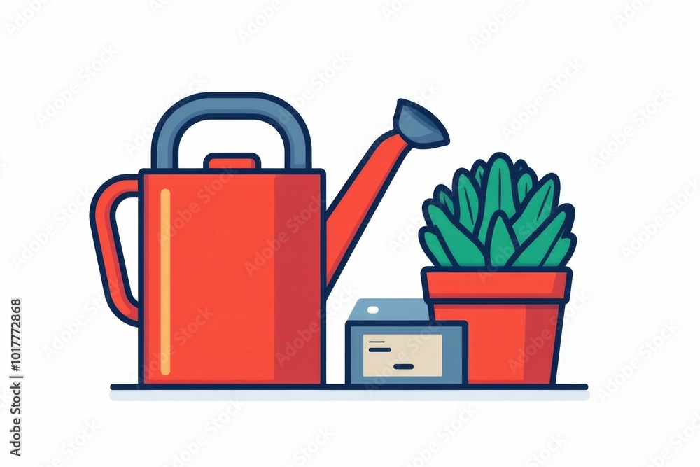 Poster a icon depicting a watering can gardening gloves and a seed packet in a minimal flat design style is