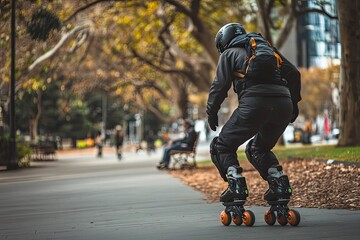 A person wearing black rollerblades with orange wheels, a black helmet, and a black backpack, in a park