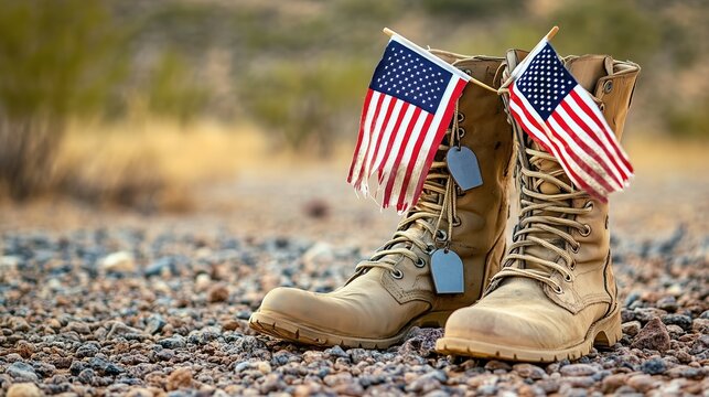 Worn old boots with dog tags and two small American flags resting on the ground in a desert landscape, symbolizing U.S. military service, sacrifice, and camaraderie. The rugged boots represent resilie