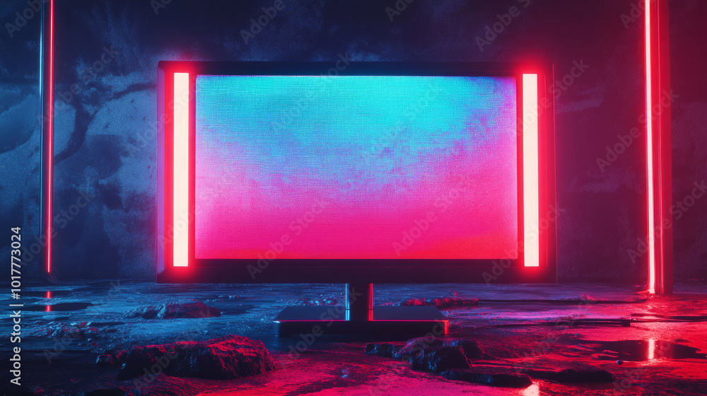 Poster a computer monitor with a blue screen and red lights surrounding it