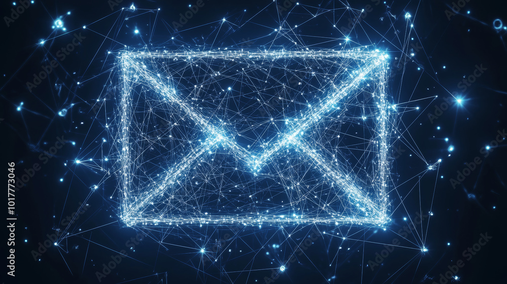 Poster a digital image showing a wireframe model of an email. the image is made up of connected lines and d