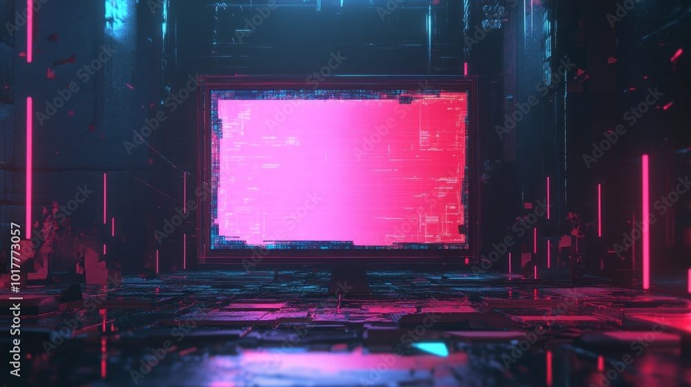 Poster a computer monitor is displayed in a room with neon lights