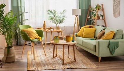 The modenr boho interior of living room in cozy apartment with design coffee table, gray sofa, wooden cube honey yellow pillow, desk, green armchair, plants and elegant accessories. Modern home decor.