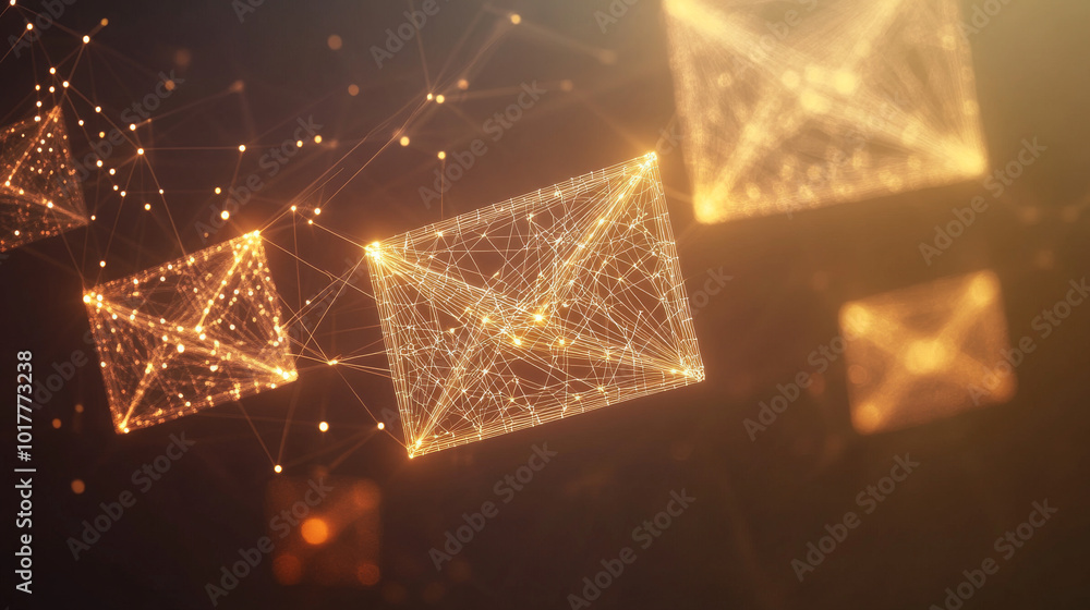 Poster a digital image showing a wireframe model of an email. the image is made up of connected lines and d