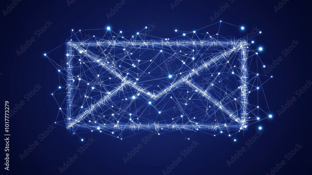 Poster a digital image showing a wireframe model of an email. the image is made up of connected lines and d