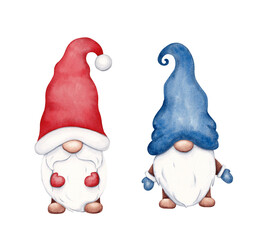 Cute Christmas gnomes. Watercolor hand drawn winter illustration. New Year holiday design for cards, invitations