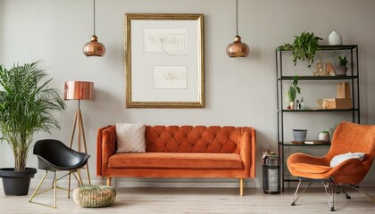 Stylish compositon of retro home interior with mock up poster frame, vintage orange chair, velvet sofa, design lamps, gold shelf, plants and elegant accessories. Nice home decor of living rooms.