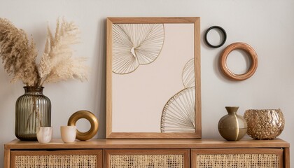 Design scandinavian interior of living room with wooden console, rings on the wall, mock up poster frame, flowers in vase and elegant personal accessories. Modern home decor. Template.