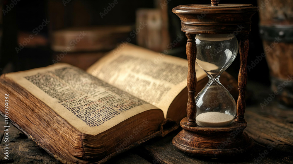 Poster a book is open to a page with a clock on the table