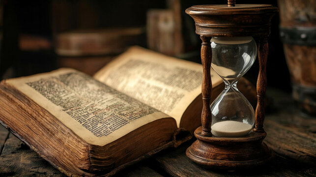 A book is open to a page with a clock on the table