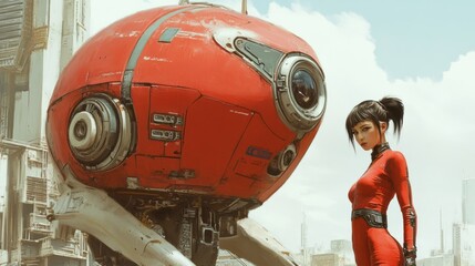 Futuristic Scene with Red Robot and Woman in Sci-Fi City, AI