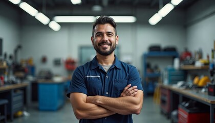 Confident Mechanic: A portrait of a smiling, confident mechanic in his workshop, showcasing his expertise and passion for his trade. His arms crossed.