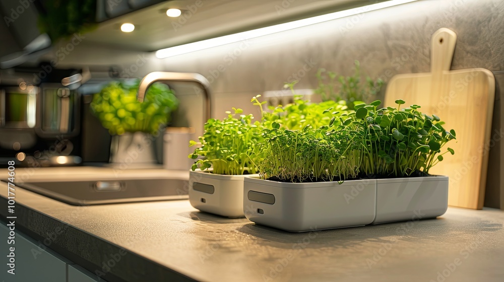 Poster fresh microgreens flourish in elegant containers on a modern kitchen countertop, illuminated by soft