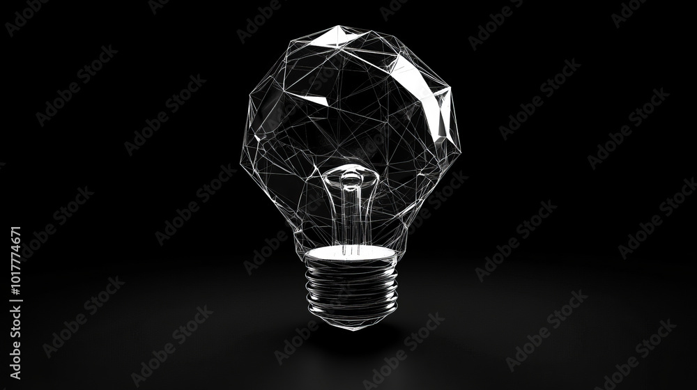 Poster a light bulb made of many-sided shapes, representing the spark of a new idea.low poly wireframe.