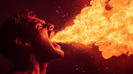 Fire breather performing a dangerous stunt with flames