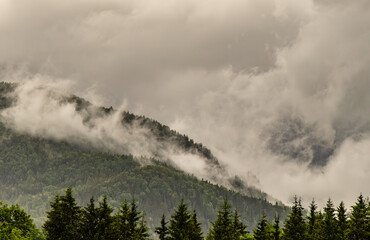 Misty mountain landscape near Salzburg, Austria.