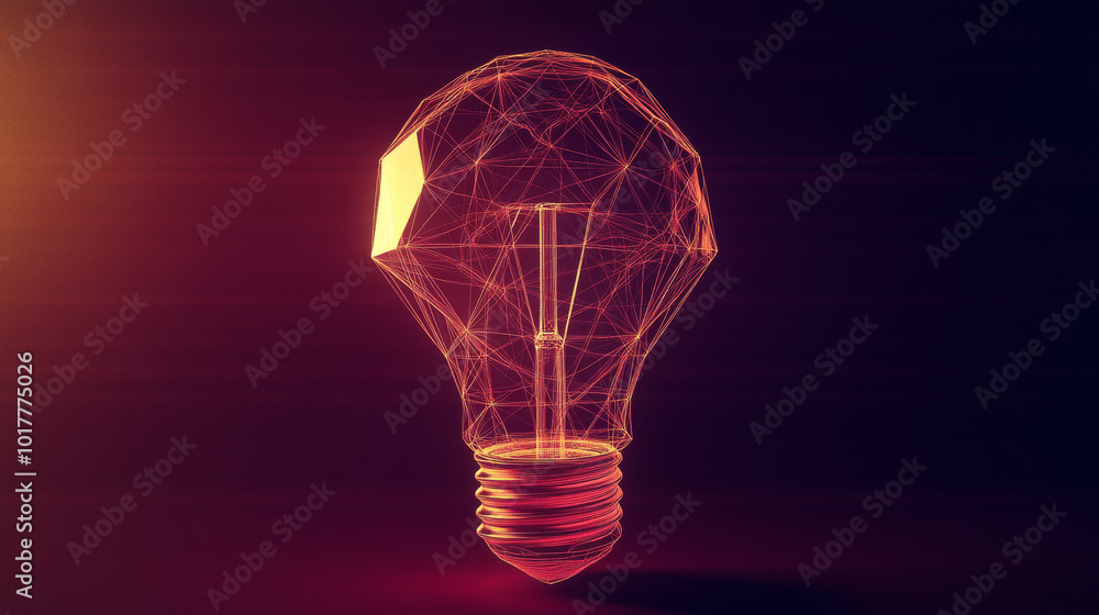 Poster a light bulb made of many-sided shapes, representing the spark of a new idea.low poly wireframe.