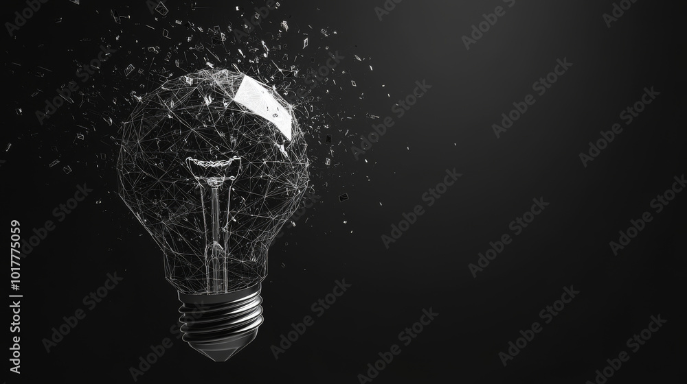 Poster a light bulb made of many-sided shapes, representing the spark of a new idea.low poly wireframe.