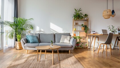 Modern scandinavian living room with design furniture, grey sofa, plants, bamboo bookstand and wooden desk. Brown wooden parquet. Nice apartment. Stylish decor. Bright and sunny side of home space.