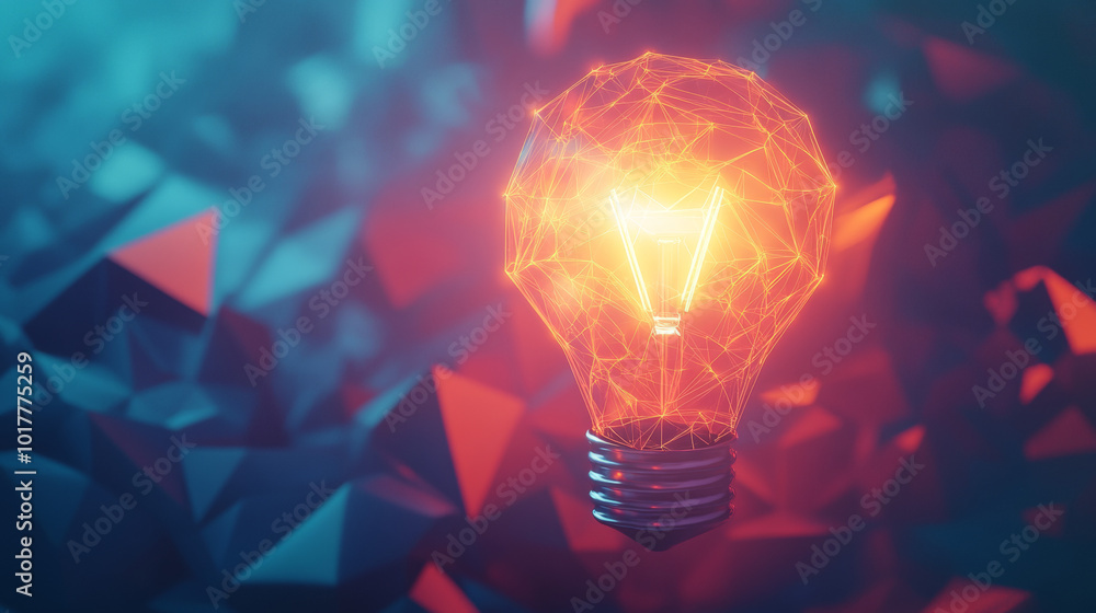 Poster a light bulb made of many-sided shapes, representing the spark of a new idea.low poly wireframe.