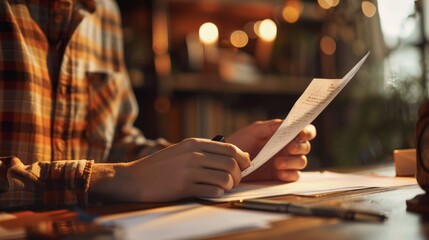 Focused Professional at Work Person reviewing document at rustic desk with cozy ambiance