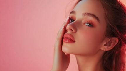 Fototapeta premium A woman with long brown hair and a pink background