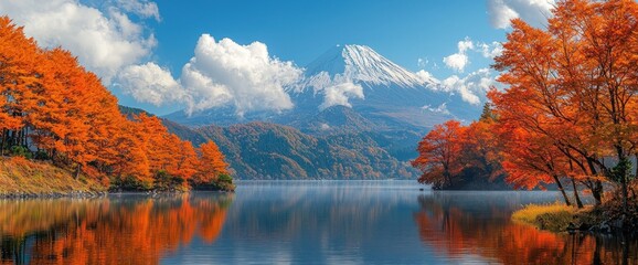 Fototapeta premium Mount Fuji at sunrise with vibrant red autumn leaves and a calm lake reflecting the mountain and sky Generative AI