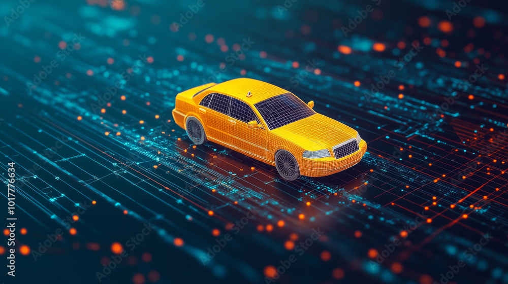 Poster a yellow taxi cab pops out of a computer screen, representing an online taxi booking app. the image 